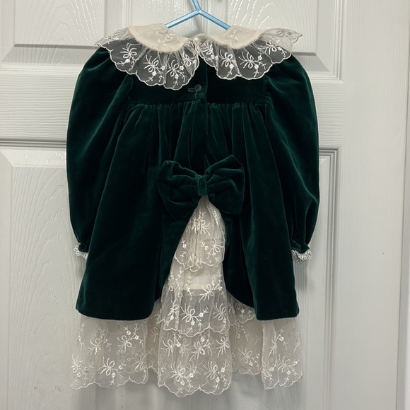 Jan Briggs VTG Christmas Dress Baby Girls Green Velvet Cream Ruffle Lace 18M - Picture 6 of 12